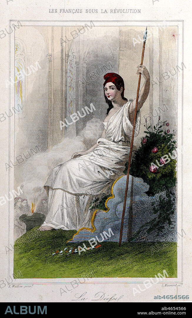 Culte de la Deesse Raison pendant la revolution francaise institue a la fin de l'annee 1793. Gravure dans 'Les francais sous la revolution' par A. Challamel et Tenint vers 1840. Credit: Collection KHARBINE-TAPABOR.