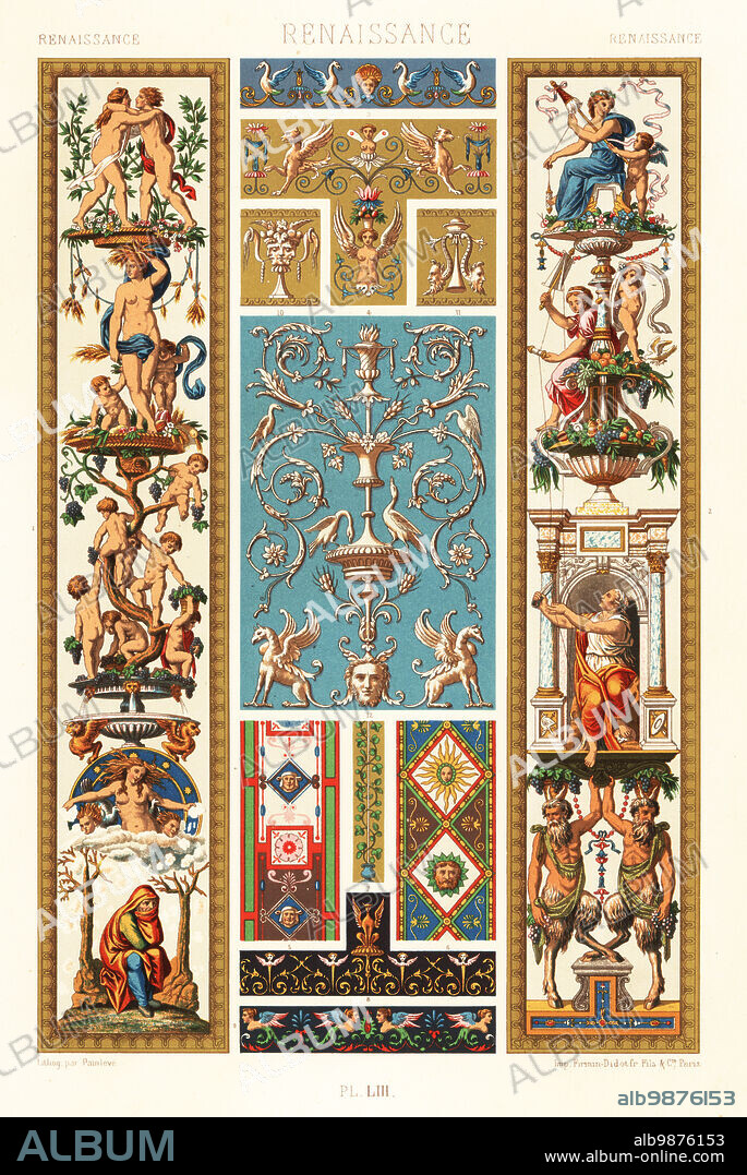 Renaissance art: frescoes and arabesques by Raphael, 16th century. Four Seasons (right), Three Fates (left), and other examples from the Loggie of the Vatican. Hand-finished chromolithograph by Painleve from Albert-Charles-Auguste Racinets LOrnement Polychrome, (Polychromatic Ornament), Firmin-Didot, Paris, 1869-73.