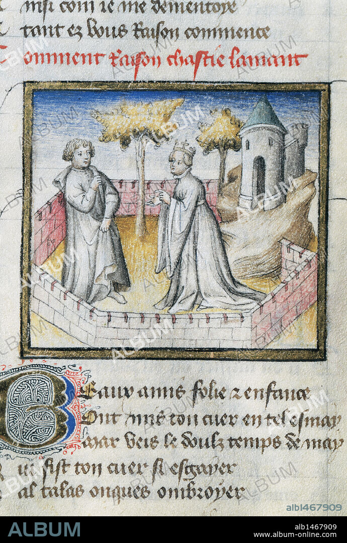"LE ROMAN DE LA ROSE". Poema didáctico-alegórico del S. XIII, compuesto de dos partes: La 1º, escrita por LORRIS (1230-1240), predomina la ALEGORIA. En la 2º, de MEUN (1275-1280), el autor expresa sus ideas sobre el ORIGEN DE LA REALEZA. Miniatura S. XIV donde el "Amante", Guillaume, entra en el Jardín de Amor de la mano de "Dama Ociosa". Biblioteca de la Universidad de Valencia.