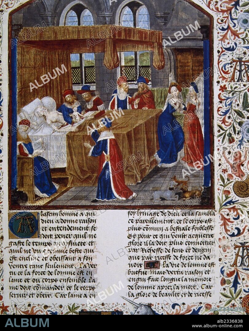 HISTORIA DE LA MEDICINA. SIGLO XV. REPRESENTACION DE UN PARTO POR CESAREA. Miniatura del manuscrito de "Faits de Romains". Castillo de Chantilly. Francia.
