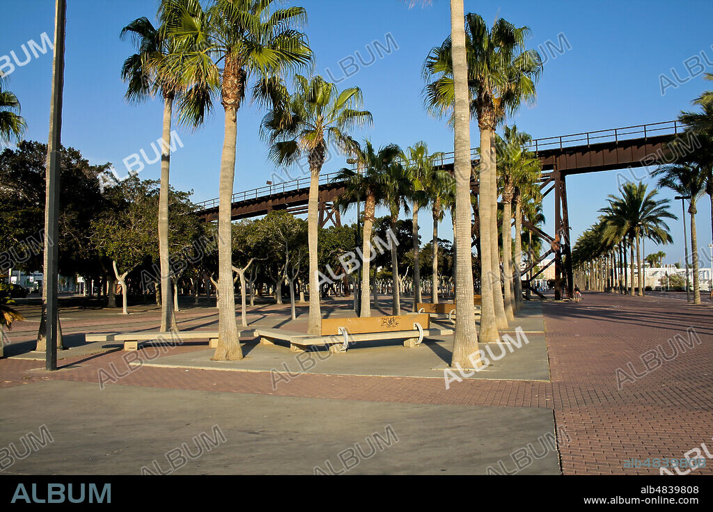 Almería, Andalusia, Spain, Europe.. The Cable Inglés (English Cable) is a metal bridge, used to discharge minerals, from the XIX century.