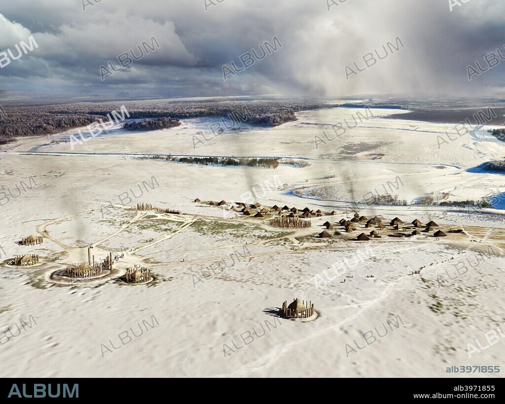 Durrington Walls, Wiltshire. Digital artwork reconstruction showing the settlement, near Stonehenge, in about 2500BC. The site is shown in midwinter, with timber monuments (southern circle and northern circle), houses, and western enclosures in the foreground.