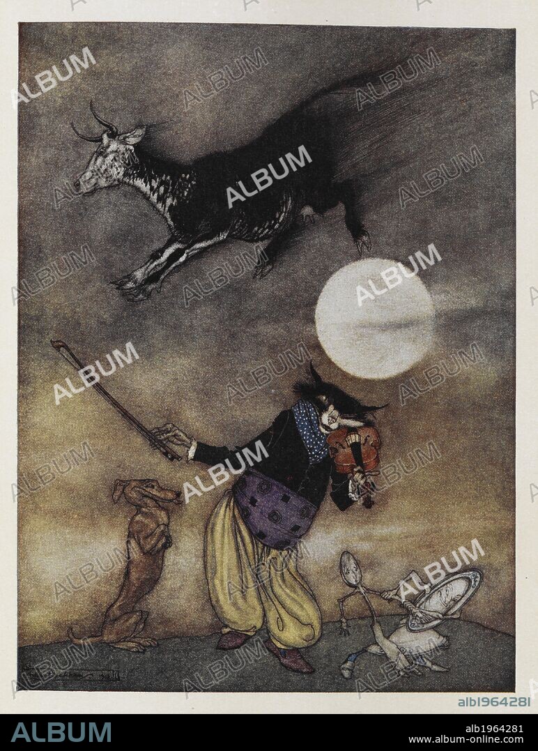 Illustration to a nursery rhyme. A cow jumping over the Moon. A cat playing a fiddle. A dog. A dish running away with a spoon. . Mother Goose. The old nursery rhymes. Illustrated by Arthur Rackham. London : William Heinemann, [1913.]. Source: 11646.h.32, opposite page 46. Language: English.