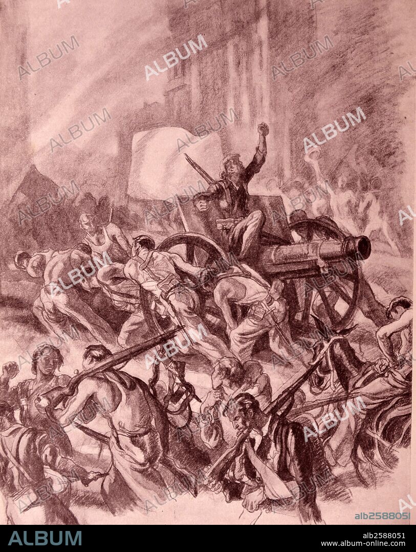 Anarchy and mayhem carried out by republicans during the Spanish Civil war. Propaganda illustration by Carlos Sáenz de Tejada.