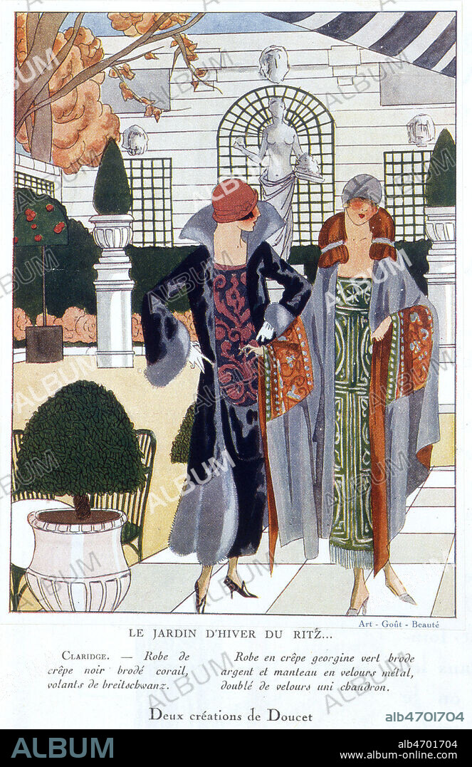 Le jardin d'hiver au Ritz...2 creations de DOUCET. Gravure de mode dans le magazine de luxe Art Gout Beaute janvier 1924. Credit Collection Grob/Kharbine Tapabor.