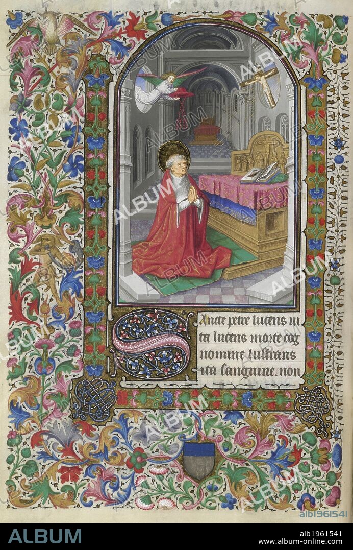 [Whole folio] Miniature. A priest praying. Text with decorated initial 'S'. Borders of floral decoration. Saluces Hours. Italy [Savoy]; middle of the 15th century. Source: Add. 27697, f.104v. Language: Latin.
