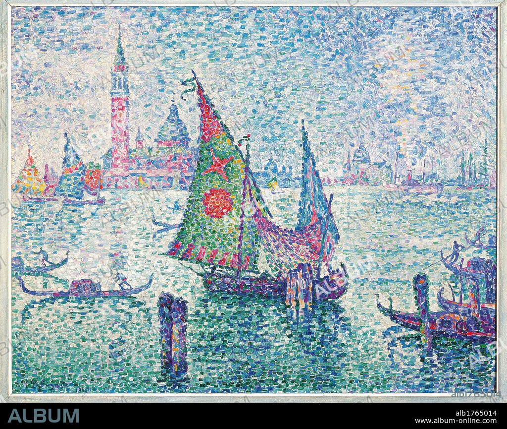 The Green Sail, Venice, by Paul Signac, 1904, 20th Century, oil on canvas, cm 65 x 81. France, Ile de France, Paris, Muse dOrsay, RF1976-77. All. The green sail, Venice port sea azure light blue grey shore water waves tower clouds pink boat sail gondola bell tower view.  Please remember that author's rights have to be cleared for modern and contemporary works of arts.