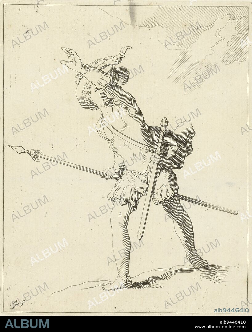 A soldier with a sword and a spear in his hand, running, Fleeing soldier Abraham Bloemaert's drawing book , print maker: Frederick Bloemaert, intermediary draughtsman: Abraham Bloemaert, publisher: Nicolaes Visscher (II), print maker: Utrecht, publisher: Amsterdam, c. 1679 - c. 1701, paper, etching, h 209 mm × w 166 mm.