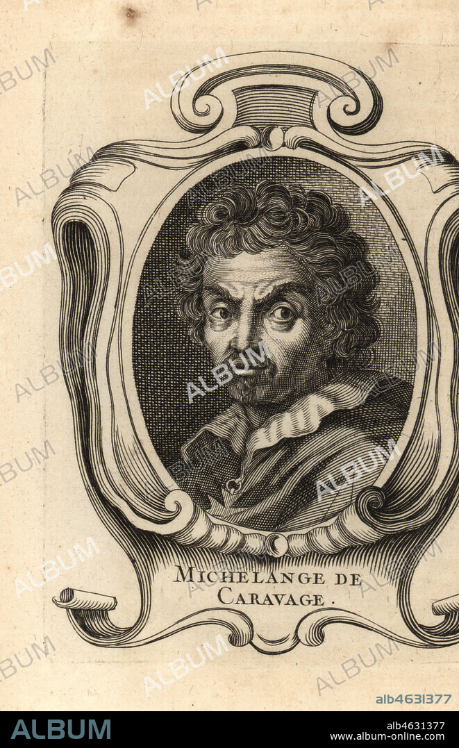 Portrait of Caravaggio, Michelangelo Merisi da Caravaggio , Italian painter 1571-1610. Michelange de Caravage. Copperplate engraving from Antoine-Joseph Dezallier dArgenvilles Abrege de la vie des plus fameux peintres, Lives of the most Famous Artists, de Bure lAine, Paris, 1762.