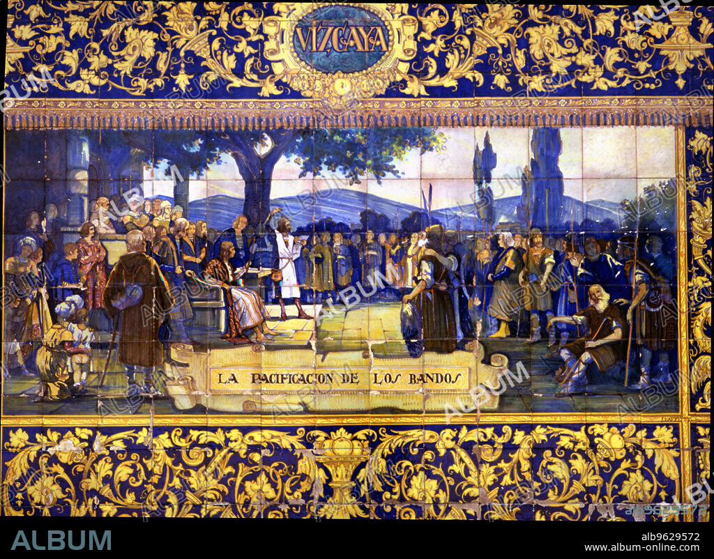 Pacification of Gamboino and Oñacino sides, before the magistrate Gonzalo Moro (1394), tile panel.