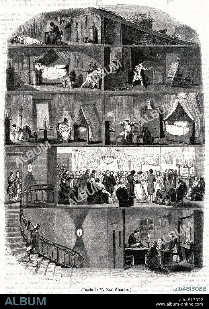 La maison a trois etages. (Immeuble parisien en coupe). Illustration de Karl GIRARDET (1813-1871) pour le Magasin pittoresque de decembre 1847. Credit : Collection Kharbine-Tapabor.