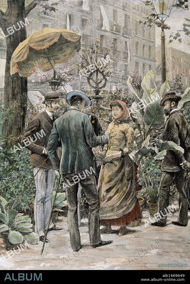 BARCELONA. "RAMBLA DE LAS FLORES" (1884). Dibujo coloreado de J. L. Pellicer. La Ilustración Artística.