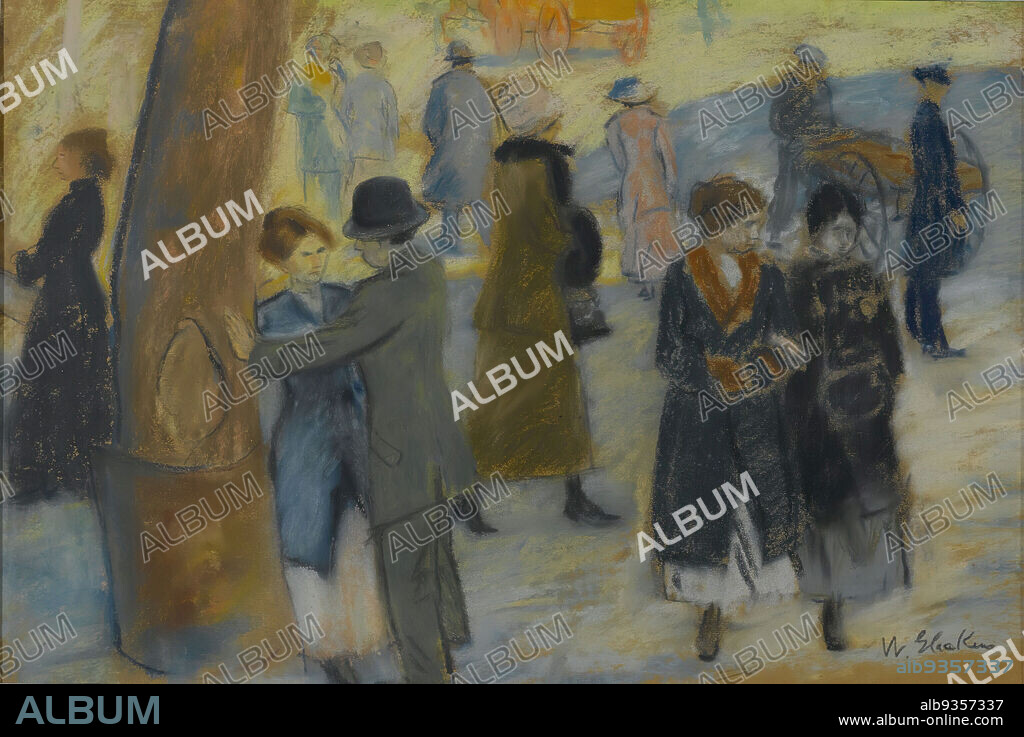 City Scene, William Glackens, American, 1870-1938, Pastel on rust-colored reverse side of a wallpaper fragment, ca. 1910, 12 1/4 x 18 in., 31.1 x 45.7 cm, American Art, blue, busy, city, couple, drawing, figurative, fuzzy, hats, pairs, pastel, Pastels, people, pushcart, street, threatening, tree, women.