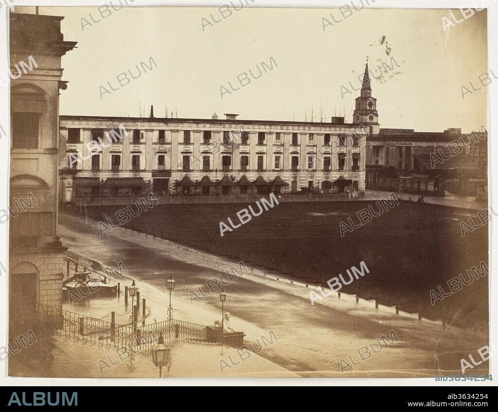 [Spence's Hotel & St. John's Cathedral, Calcutta]. Artist: John Constantine Stanley (British, 1837-1878). Dimensions: Image: 15.5 x 20.1 cm (6 1/8 x 7 15/16 in.)
Mount: 33 x 26.2 cm (13 x 10 5/16 in.). Date: 1858-61.