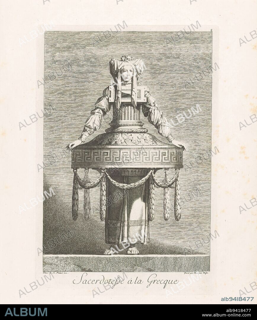 Greek Priestess, Sacerdotesse à la Grecque (title on object), Mascarade A La Grecque (series title), A standing woman with an upper body like a fluted column and around her hips a circular base from which garlands hang. On her head she wears a headdress of cloth., print maker: Benigno Bossi, (mentioned on object), after design by: Ennemond Alexandre Petitot, (mentioned on object), Guillaume du Tillot (Marquis de Felino), 1771, paper, etching, height 270 mm × width 182 mm.