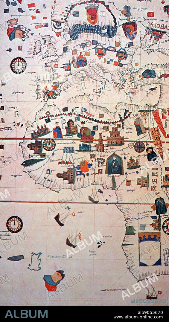 16th Century map depicting Africa and the Mediterranean Basin by Juan de la Cosa. Juan de la Cosa (1450-1510) a Spanish navigator and cartographer, known for designing the earliest European world map that incorporated the territories of the Americas that were discovered during the 15th Century. Dated 15th Century.