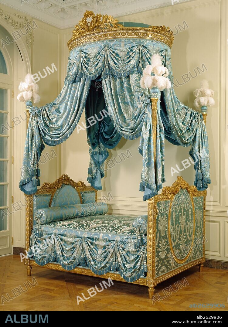 Bed (lit à la Polonaise); Unknown; Paris, France, Europe; about 1775 - 1780; Gessoed, gilded, and painted walnut; gilded iron; modern silk upholstery and passementerie; ostrich feathers; Object: H: 302 cm x W: 179 cm x L: 226 cm (9 ft. 11 in. x 5 ft. 10 1/2 in. x 7 ft. 5 in.).