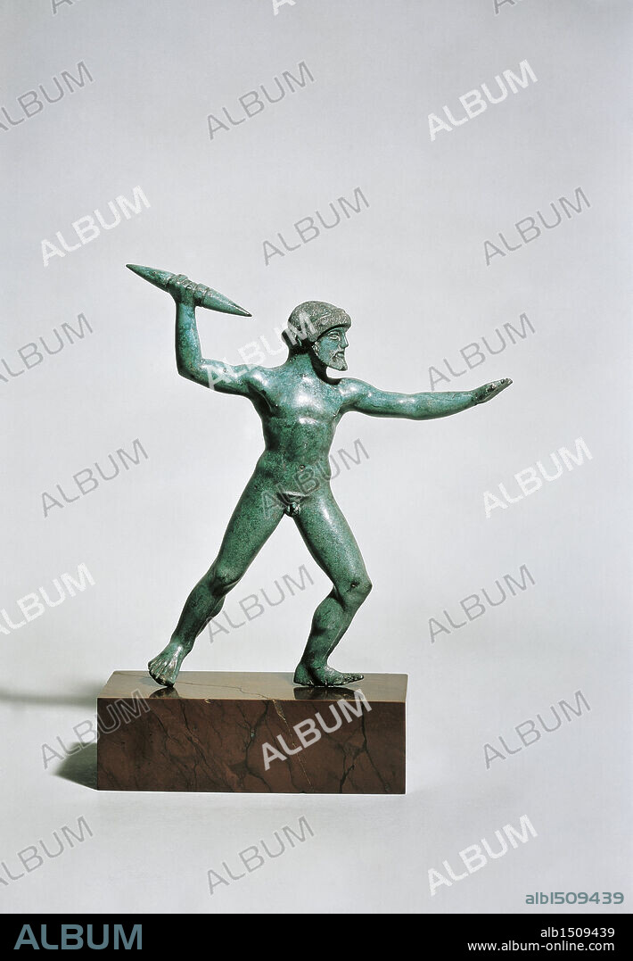 Greek civilization, 5th century b.C. Bronze statue of Zeus scaling a bolt of lightening. From Dodona, Greece.