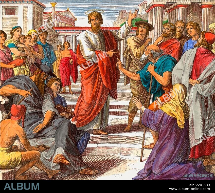 JULIUS SCHNORR VON CAROLSFELD. Schnorr von Carolsfeld, Julius. 1794-1874. "Paulus lehrt auf dem Richtplatz in Athen". Apostelgeschichte 17,22-23. Holzschnitt, spätere Kolorierung. Aus: Die Bibel in Bildern, Leipzig (Georg Wigand) 1860, Bl. 233. Berlin, Sammlung Archiv für Kunst und Geschichte.