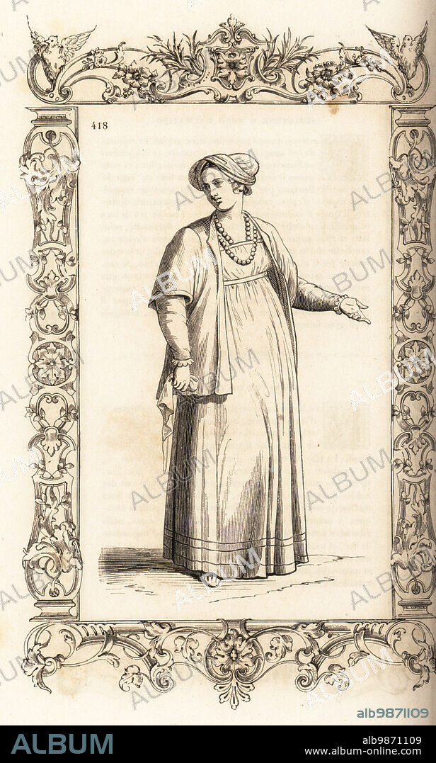 Woman of Slavonia or Dalmatia, 16th century. She wears a long pleated robe with silk bands at the hem, short-sleeved jacket in damask or satin called a ghellero. Femme Dalmate ou Esclavonne. Within a decorative frame engraved by H. Catenacci and Fellmann. Woodblock engraving by Gerard Seguin and E.F. Huyot after a woodcut by Christoph Krieger from Cesare Vecellios 16th century Costumes anciens et modernes, Habiti antichi et moderni di tutto il mondo, Firman Didot Ferris Fils, Paris, 1859-1860.