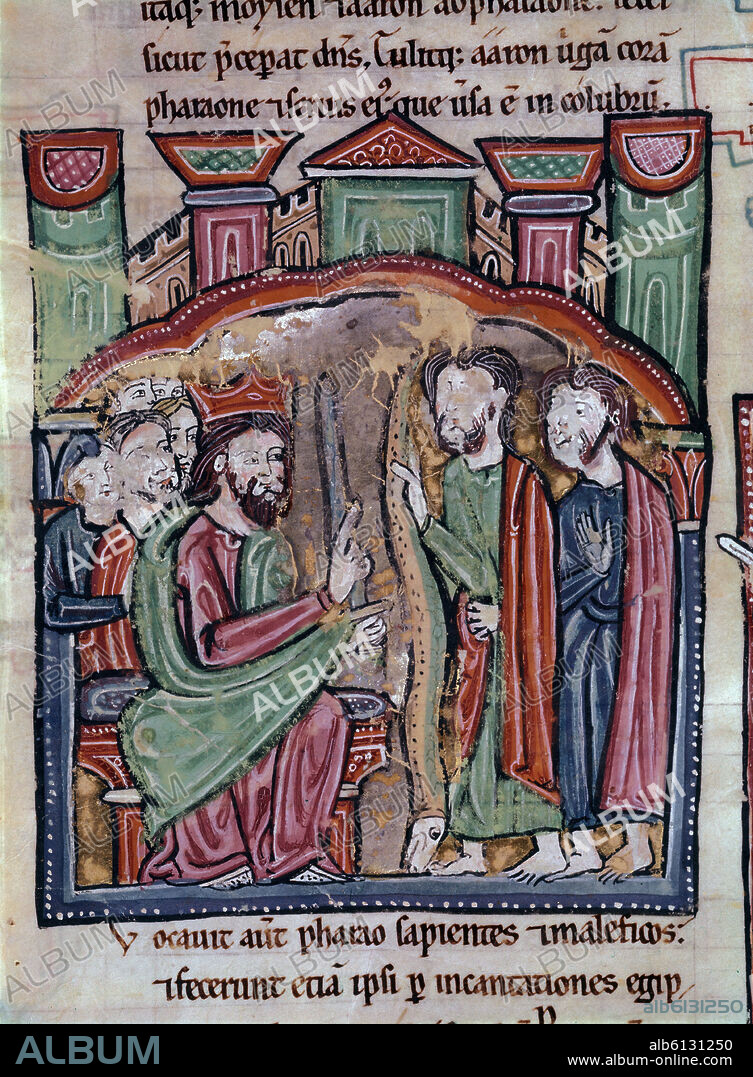 BIBLIA S XIII- TOMO I -MOISES CONVIERTE SU BACULO EN SERPIENTE ANTE EL FARAON-MINIATURA GOTICA.