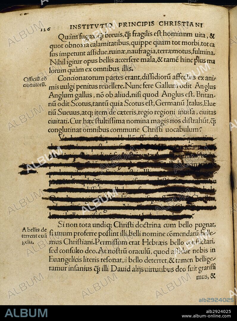 Institutio Principis Christiani. Work done by Dutch Christian Humanist Erasmus of Rotterdam (1466-1536). Book printed in Basel, July, 1518. Censored page by the Inquisition. Private Collection.
