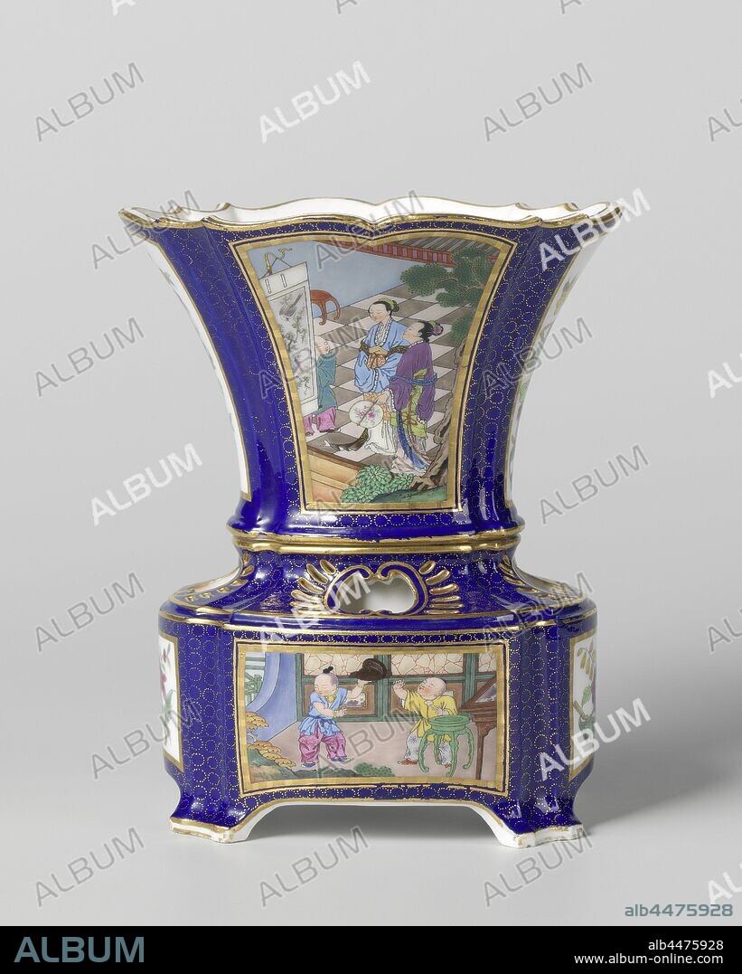 Pair of vases (vase hollandais nouvelle forme), Vase (vase hollandois nouvelle forme or vase hollandois nouveau oval), Vase of multicolored painted porcelain. The upper part is funnel-shaped and is placed in an oval base on four low legs. The vase has a blue background with cut-out compartments with chinoiseries. In a box in the upper part, two women are painted by a tree who admire a painting held by a child. A room is painted in a box in the pedestal, with two children sitting at two tables. The vase is marked, Chinese (other cultural aspects), Manufacture de Sèvres, Sèvres, 1763, porcelain (material), gilding (material), h 18.4 cm × w 13 cm × d 10.9 cm w 10.6 cm × d 8.4 cm.