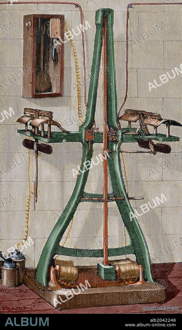 Giovanni Caselli (1815-1891). Pantelegraph patented in 1861 for sending and receiving images over long distances through the telegraph. Colored engraving.