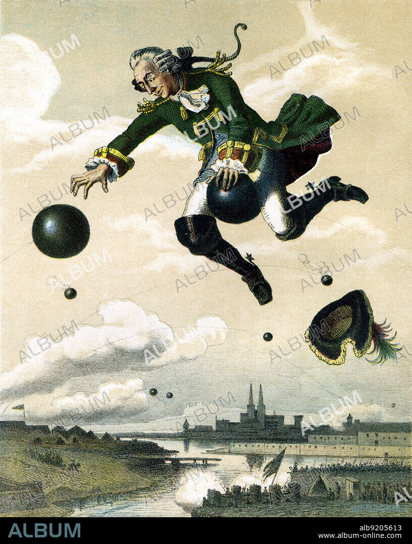 Baron Meonchhausen's flight on a cannonball, 1872. Baron Munchausen is a fictional German nobleman created by the German writer Rudolf Erich Raspe in 1785. The character is loosely based on a real baron, Hieronymus Karl Friedrich, Freiherr von Meonchhausen, who told outrageous tall tales based on his military career. The condition of Munchausen syndrome derives its name from the fictional character.