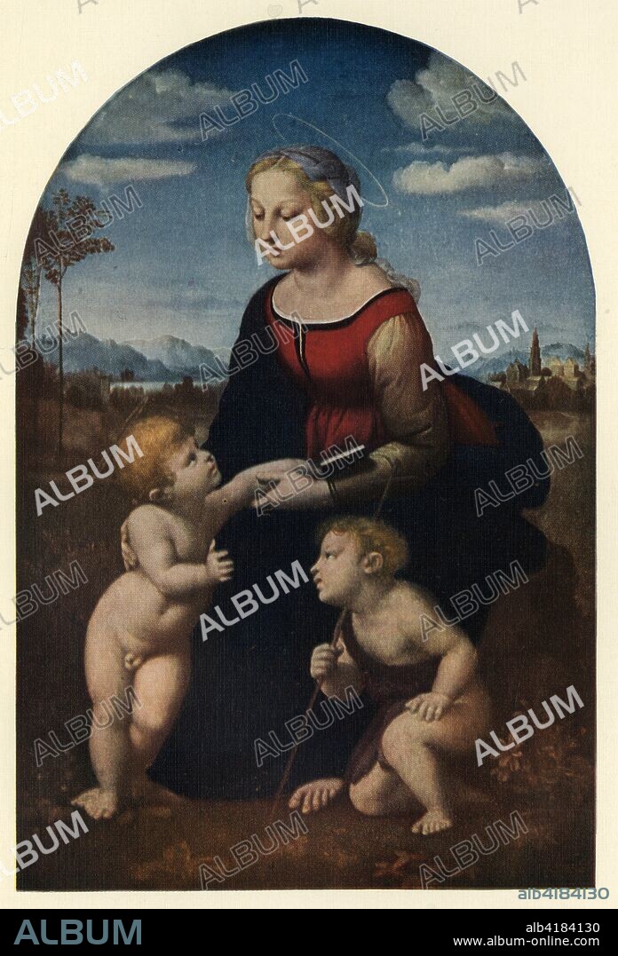 'La Belle Jardinière', 1507, (c1912). 'Madonna and Child with Saint John the Baptist', painting in the Louvre, Paris, France. Italian High Renaissance painter and architect Raffaello Sanzio da Urbino (1483-1520), known as Raphael, left a large body of work despite his death at 37. He spent time in Florence, as well as twelve years in Rome working for two Popes. He made frescoes and oil paintings on religious and mythological subjects as well as portraits, and also produced plans for St Peter?s Basilica in Rome. He is regarded as one of the most important artists of his time, with his work being held in museums and galleries around the world. Illustration from Raphael - Masterpieces in Colour, by Paul G Konody. [TC & EC Jack, Frederick A Stokes Co, London & New York, c1912].