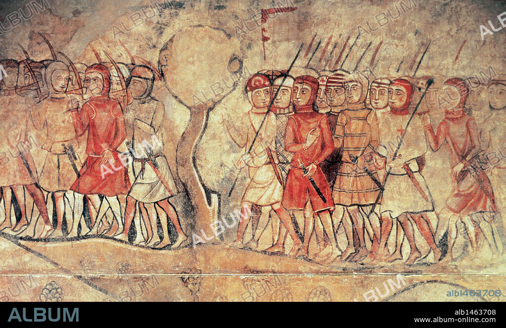 HISTORIA MEDIEVAL. Soldados del ejército del rey Jaime I (1208-1276) (grupo de infantería, con lanzas y arcos). Almogávares durante la conquista de Mallorca. Detalle de las pinturas murales del Salón del Tinell (antiguo Palacio Real Mayor de Barcelona). Segunda mitad del siglo XIII. Museo de Historia de la Ciudad. Barcelona.