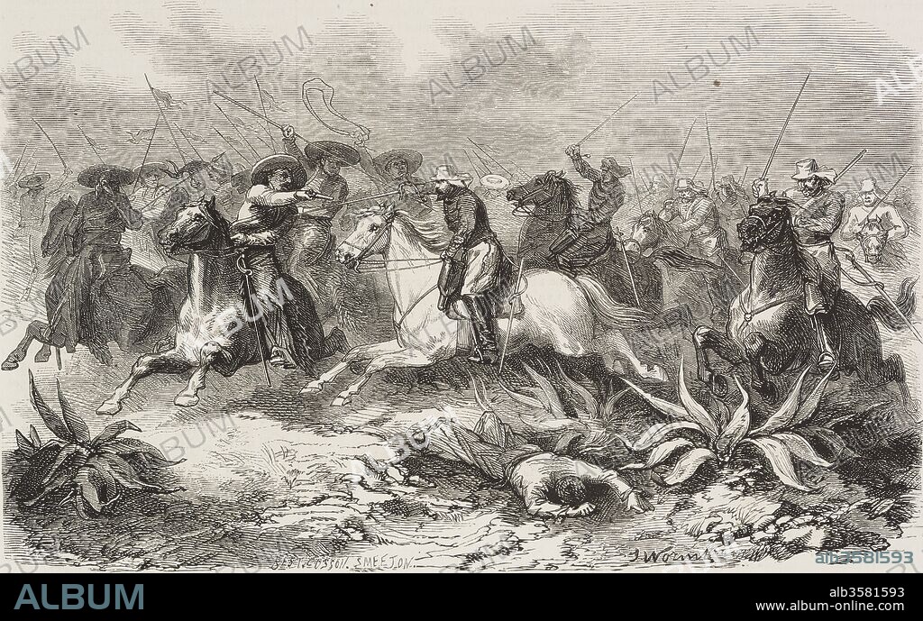 General De Mirandol chasing Aureliano Rivera's cavalry at Los Llanos, French intervention in Mexico, illustration from L'Illustration, Journal Universel, No 1051, Volume XLI, April 18, 1863.