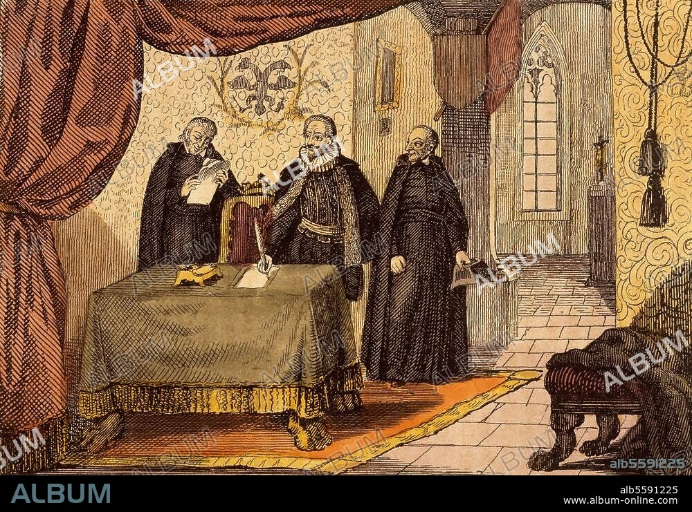 Dreißigjähriger Krieg 1618-48 / Restitutionsedikt Kaiser Ferdinands II., 6. März 1629 (Rückgabe der seit 1552 eingezogenen kathol. Kirchengüter). "Kaiser Ferdinand II. unterzeichnet das Restitutionsedict". Federlithographie, altkol., unbez. Aus: L.Flathe, Gustav Adolf und der dreißigjährige Krieg, 3. Bd., Dresden (E.Pietzsch) 1841, S. 595. Berlin, Sammlung Archiv für Kunst und Geschichte.