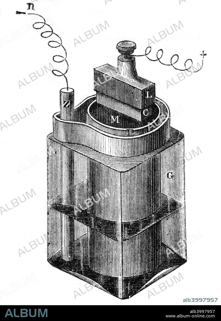 Leclanche wet cell, an early storage battery, 1887. Invented by the French engineer Georges Leclanche (1839-1882), this was an early form of the zinc carbon (dry cell) battery, the first widely used storage battery. It consisted of a glass vessel containing a zinc rod (left), and a central porous cell of a carbon block surrounded by small pieces of carbon and manganese dioxide and sealed with pitch. The conducting fluid or electrolyte is a strong solution of chloride of ammonia. They were used as a power source in early telephones. From Natural Philosophy by A Ganot. (London, 1887).