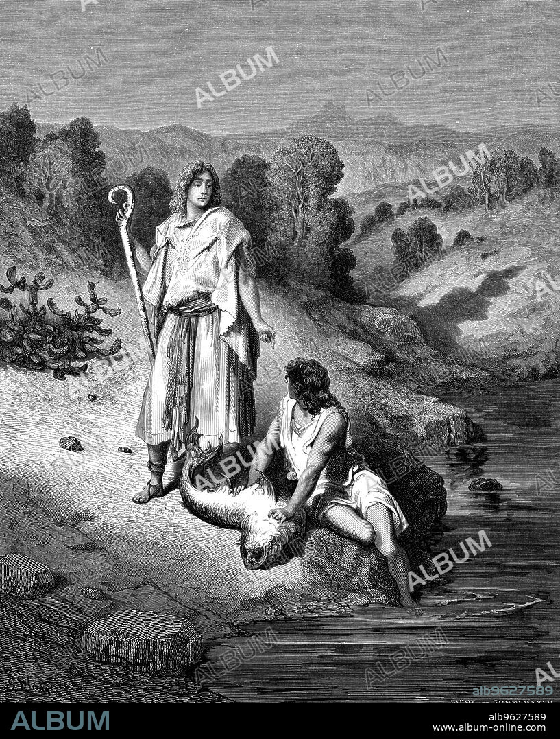 GUSTAVE DORé. Tobias with the Archangel Raphael, 1865-1866. Tobias with the Archangel who helped him catch fish which would miraculously restore his father's eyesight. Plate from Gustave Dore's Bible (Tobias 6.6).