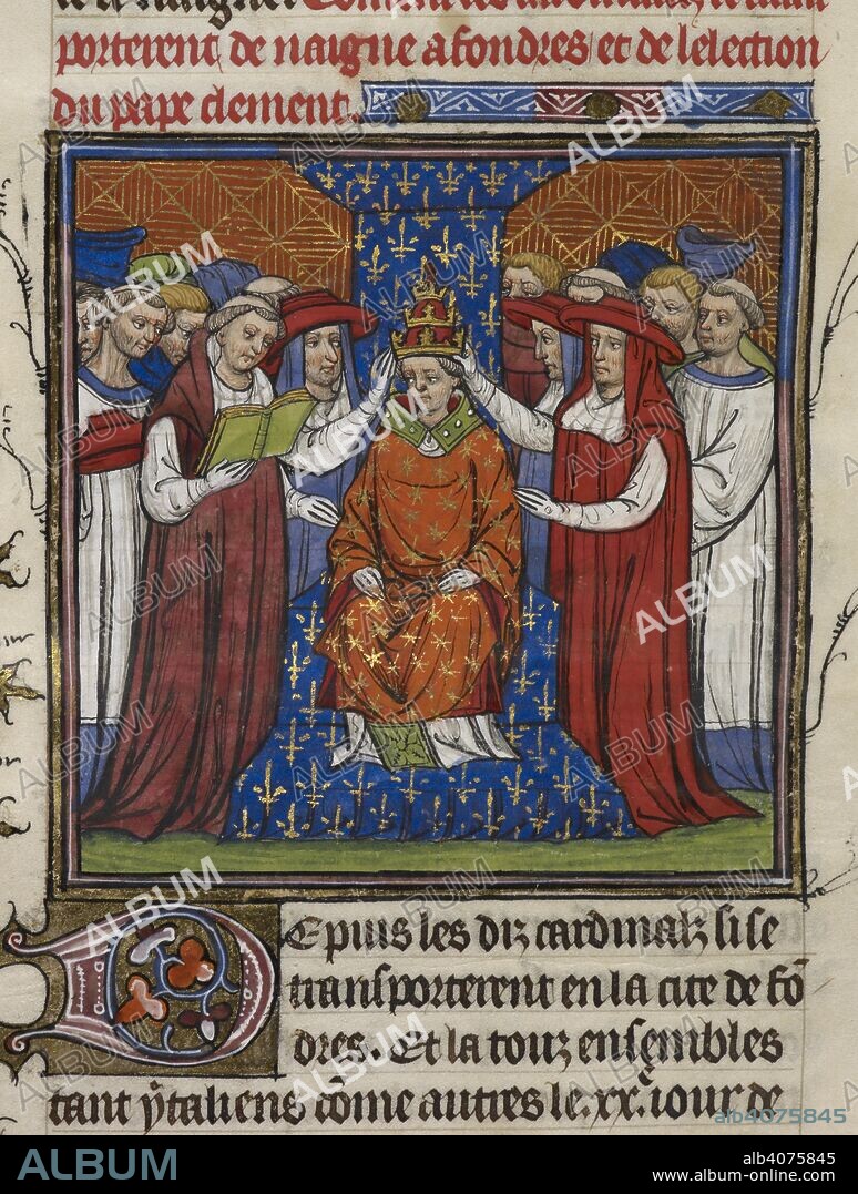 Coronation of Pope Clement VII. Chroniques de France ou de St. Denis. End of 14th century. (Miniature) The coronation of Robert of Geneva as Pope Clement VII in 1378.  Image taken from Chroniques de France ou de St. Denis.  Originally published/produced in End of 14th century. . Source: Royal 20 C. VII, f.208v. Language: French.