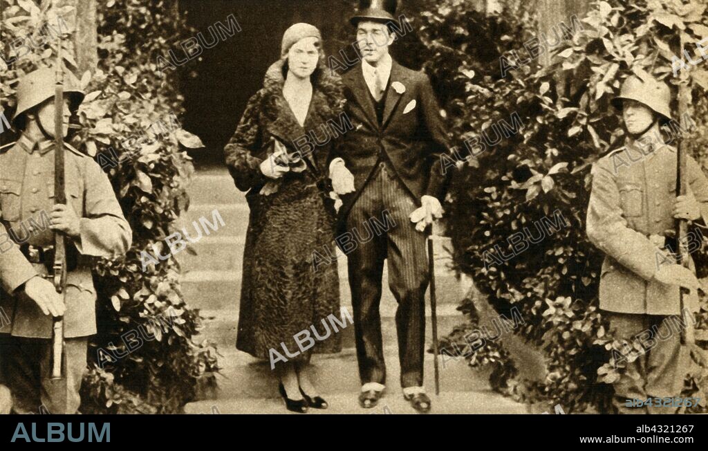 The marriage of Prince Gustav Adolf of Sweden and Princess Sybille of Coburg, 1932, (1933). The prince and princess 'drew together at their wedding in November many of the crowned and once-crowned heads of Europe who had not met since before the [Great] War'. Prince Gustaf Adolf (1906-1947) married Princesses Sibylla (1908-1972) in a civil ceremony in Coburg, Germany, on 19 October 1932  From "The Pageant of the Century". [Odhams Press Ltd, 1933].