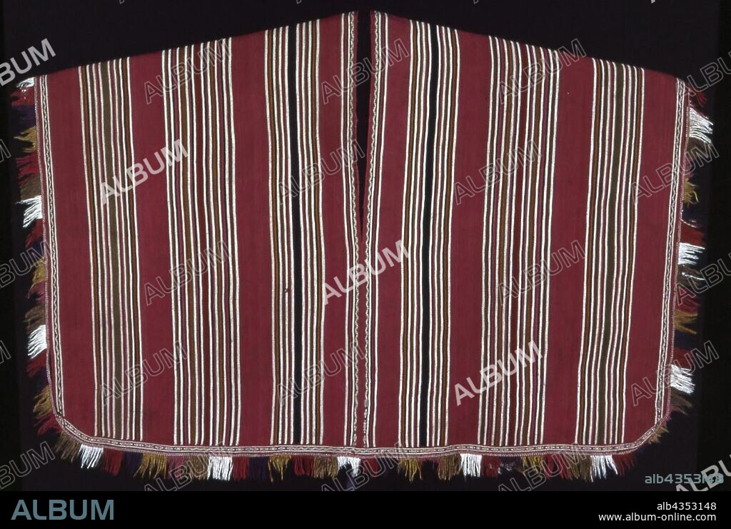 Poncho, 1850/1900, Aymara, Bolivia, La Paz, Pacajes, Bolivia, Wool, stripes of plain weave and three-color complementary warp weave, joined with darning stitches, bottom edged with tape of three-color complementary warp weave, plain weave with extended supplementary patterning weft fringe, 210.2 × 167.6 cm (82 3/4 × 66 in.).