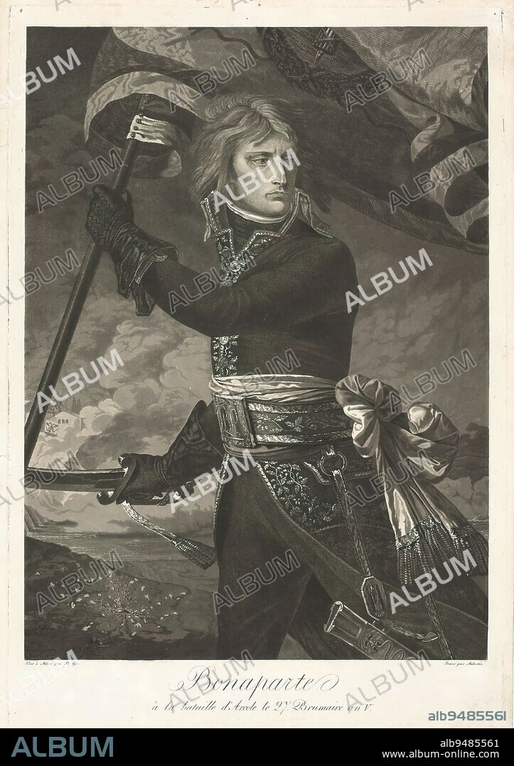 Portrait of Napoleon Bonaparte at the battle of Arcole, Bonaparte à la bataille d'Arcole le 27. Brumaire an V. (title on object), print maker: François Aubertin, (mentioned on object), after painting by: Antoine-Jean Gros, (mentioned on object), printer: Gagot, (mentioned on object), print maker: France, after painting by: Milaan, 1783 - 1821, paper, etching, height 488 mm × width 333 mm.