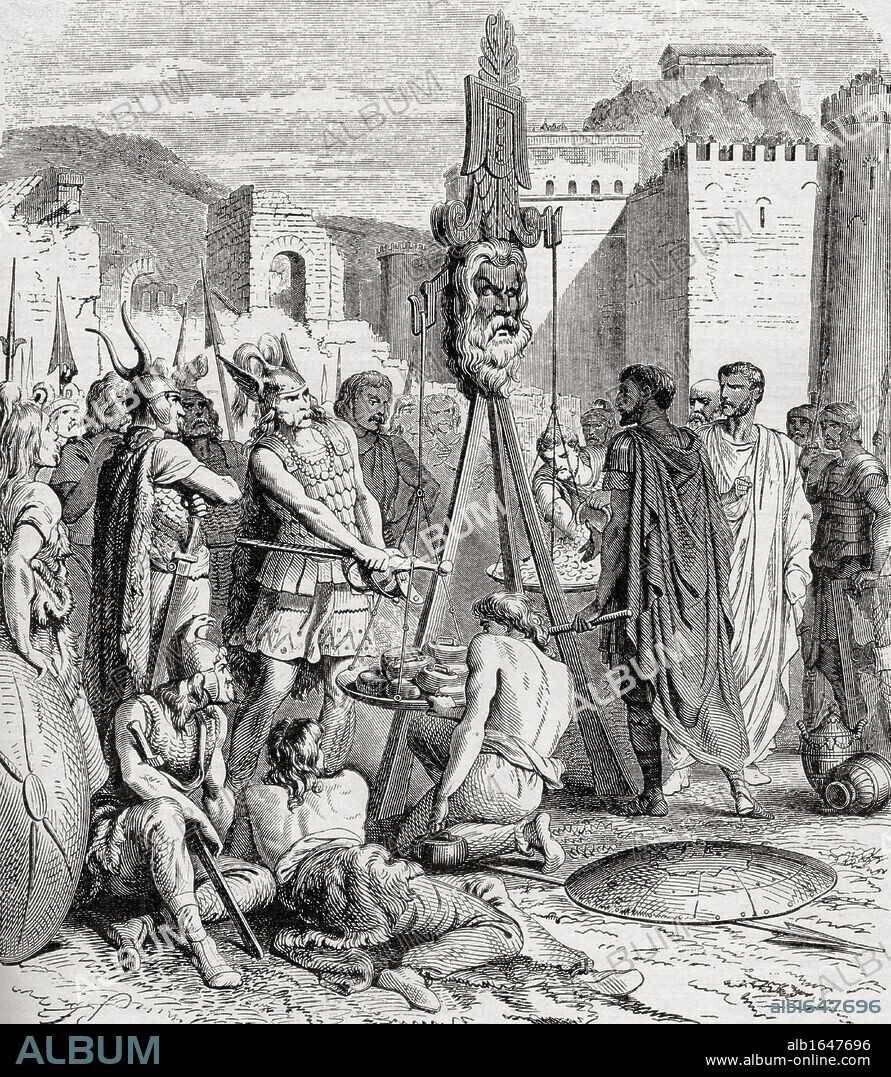 The Gaulish chief Brennus invades Rome in 390 BC after Battle of the Allia. Romans attempted to buy their salvation with gold From the book Harmsworth History of the World published 1908.