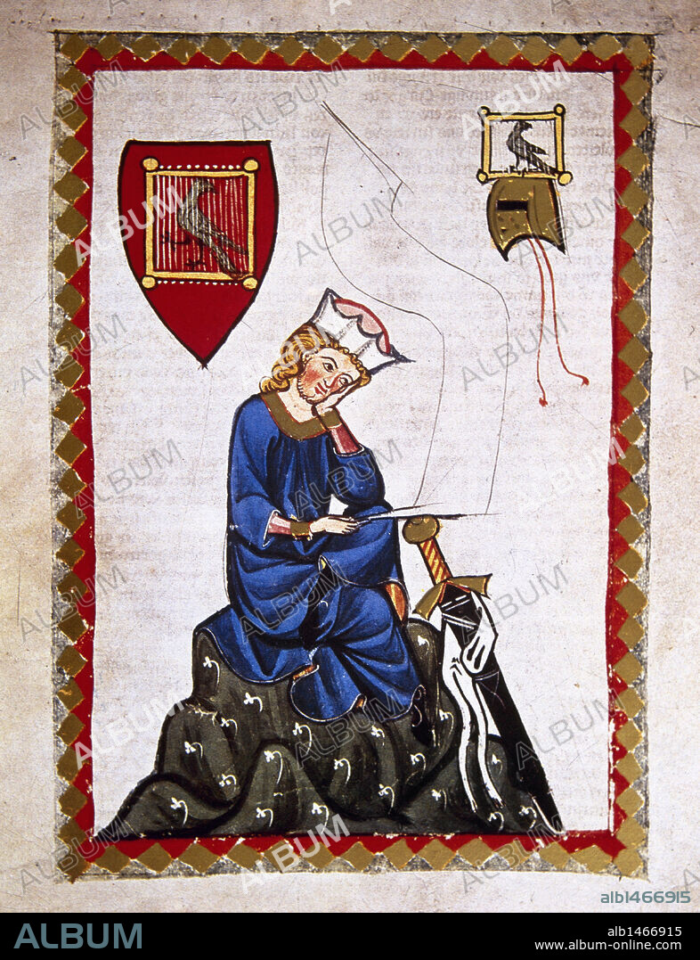WALTHER VON DER VOGELWEIDE (h. 1170-Wuzburgo, h. 1230). Poeta medieval en lengua alemana. Miniatura del CODICE MANESSE (h. 1300) realizado por Rudíger Manesse y su hijo Johannes. Fol.124r. Biblioteca Universitaria. Heidelberg. Alemania.