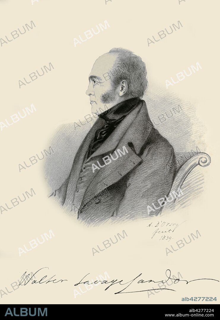 ALFRED D'ORSAY y RICHARD JAMES LANE. 'Walter Savage Landor', 1839. Portrait of British writer, poet, and activist Walter Savage Landor (1775-1864). From "Portraits by Count D'Orsay", an album assembled by Lady Georgiana Codrington. [1850s].