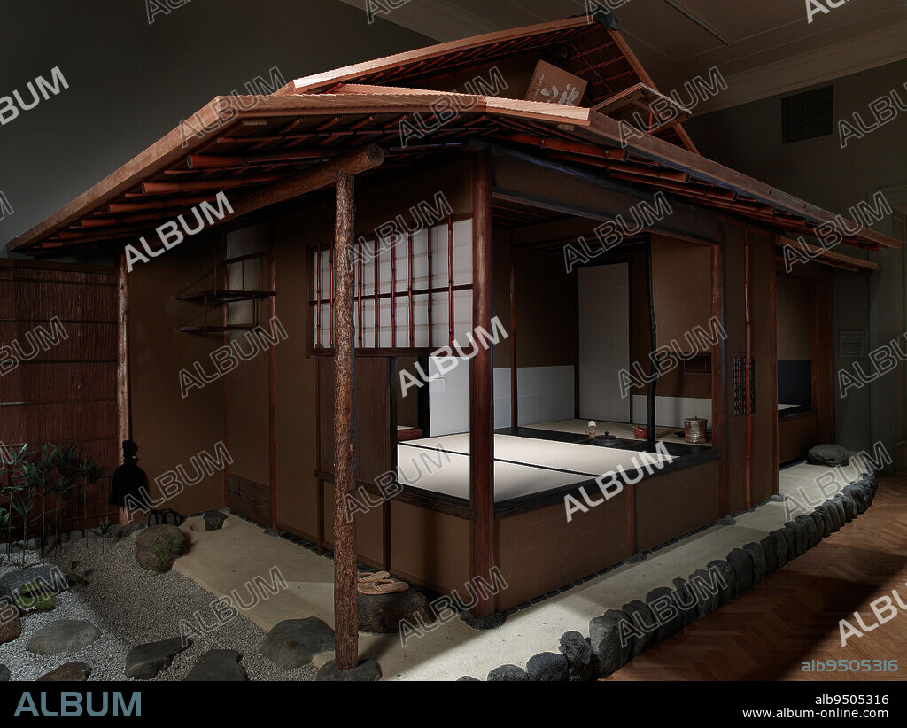 Replica of the Saan Teahouse at Daitokuji Gyokurin-in, Kyoto, 2001 (constructed), Yasuimoku Komuten Company Ltd., Japan, 21st century, Japan's ruling warrior elite first held lavish tea gatherings in their formal reception halls. As tea masters like Murata Shuk (1422-1502), Takeno J (1502-1555) and Sen Riky (1520-1591) began to advocate the practice of wabi (rustic) tea in the 16th century, separate, specially designed teahouses began to be built. Shuk introduced an architectural style called san, literally 'grass hut.' San teahouses were small and constructed from humble materials including roughly milled lumber, bamboo, thatch, and earthen walls. In its simplicity, soan teahouses were meant to suggest a monk's retreat in the wilderness. The low entranceway required all participants to humble themselves as they entered the tearoom from the garden. Although a built-in alcove for the display of art was adopted from more formal structures, its size was greatly reduced--sufficient only to display a small painting or simple floral arrangement.