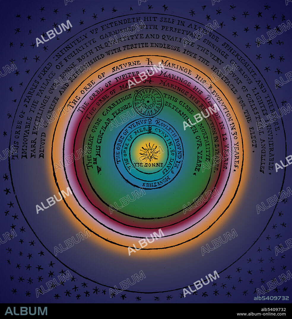 Heliocentric universe. This diagram of a heliocentric universe was published by the English astronomer Thomas Digges (1546-1595) in A prognostication everlastinge (1576 edition). The heliocentric theory of Copernicus had been published in 1543, and Digges was one of the first people to publish it in English. He added this diagram in an appendix to the original book by his father, which had featured the older Ptolemaic theory of a geocentric universe. In this diagram, the Sun is at center, with the six known planets in successive spheres, followed by an outer sphere of stars.