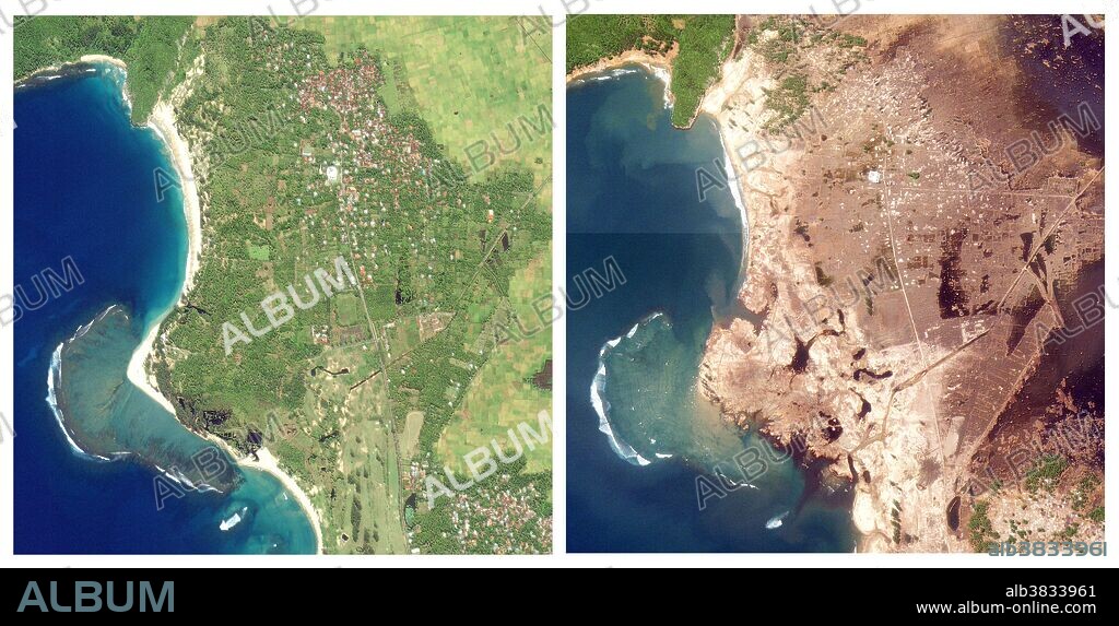 Aceh, Indonesia, before and after the southeast Asian earthquake and tsunami of December 26, 2004. The image on the left is from January 10, 2003; the image on the right, showing massive devastation, is from December 29, 2004. The Indonesian province of Aceh was hit hardest by the earthquake and tsunamis. Aceh is located on the northern tip of the island of Sumatra. Early Western media attention was focused on Sri Lanka and Thailand, even though the earthquake epicenter was closer to Aceh, and the largest waves struck the northwestern coast of Sumatra. On Decemebr 29, estimates of the death toll in Indonesia were over 80,000, more than half the global total. The town of Lhoknga, on the west coast of Sumatra near the capital of Aceh, Banda Aceh, was completely destroyed by the tsunami, with the exception of the mosque in the city's center. These high-resolution satellite images show Lhoknga before (left) and after (right). Almost all the trees, vegetation, and buildings in the area were washed away. Behind the town, low-lying agricultural areas remained covered with water 4 days after the disaster, and sand on the nearby beaches was completely removed. The wave height might have exceeded 15 meters (50 feet) when it struck the shore. Equivalent devastation extends 225 km southeast along the Sumatran Coast, in a band up to 3 km (1.9 miles) deep.