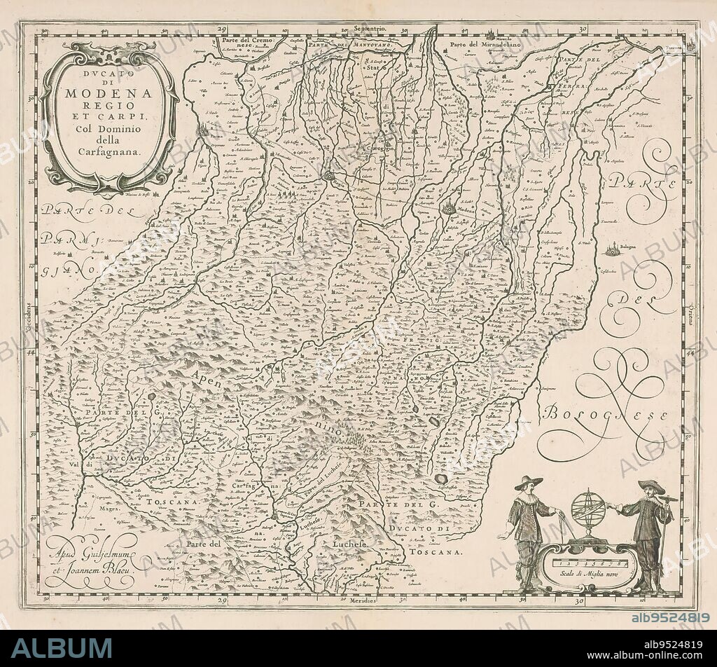 Map of Modena, Ducato di Modena regio et Carpi col dominio della carsagnana (title on object), print maker: anonymous, publisher: Willem Janszoon Blaeu, (mentioned on object), publisher: Johannes Willemszoon Blaeu, (mentioned on object), Amsterdam, 1640 - 1672, paper, engraving, height 401 mm × width 494 mm.