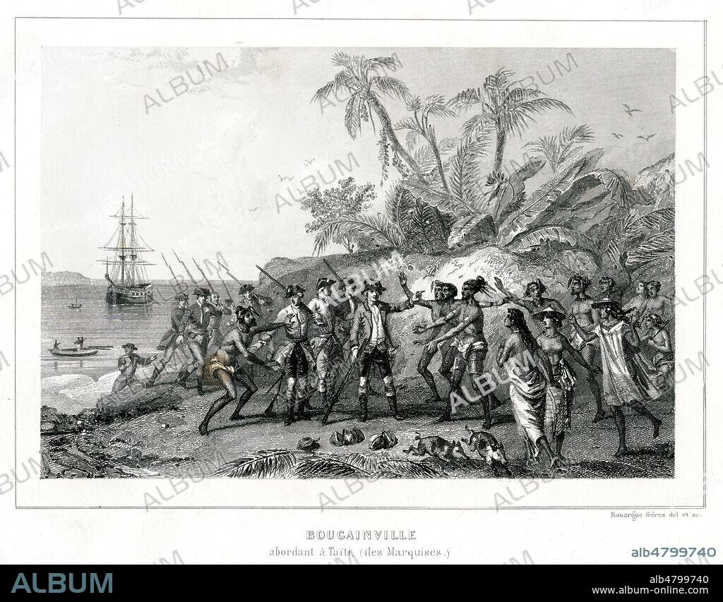 Louis Antoine de BOUGAINVILLE (1729-1811) abordant Tahiti. Illustration de ROUARGUE freres pour Les Navigateurs francais. par Leon GUERIN (1807-1885). Credit : Collection Jonas/Kharbine-Tapabor.
