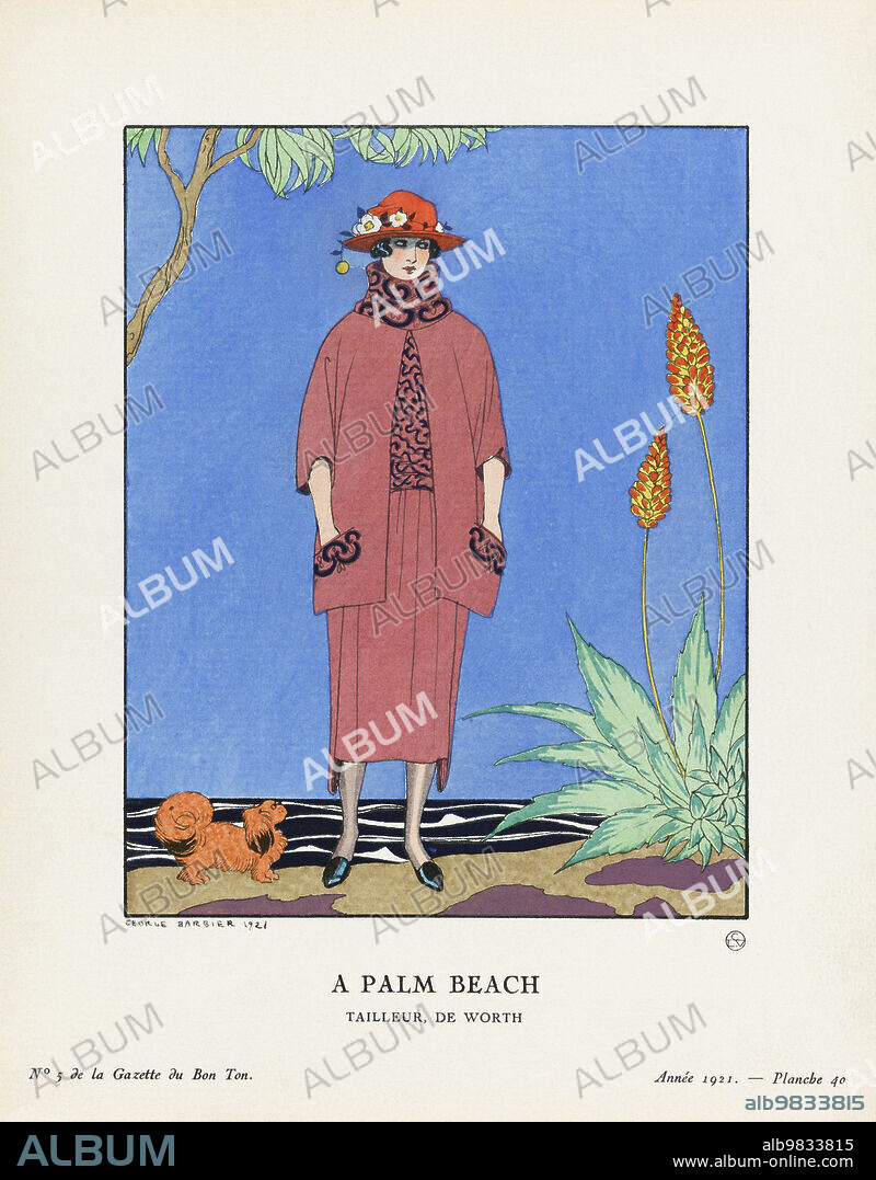 La Saison des Prunes Mirabelles. The Mirabelle plum season. Robe d'après-midi de Redfern. Art-deco fashion illustration by French artist George Barbier, 1882-1932. The work was created for the Gazette du Bon Ton, a Parisian fashion magazine published between 1912-1915 and 1919-1925.