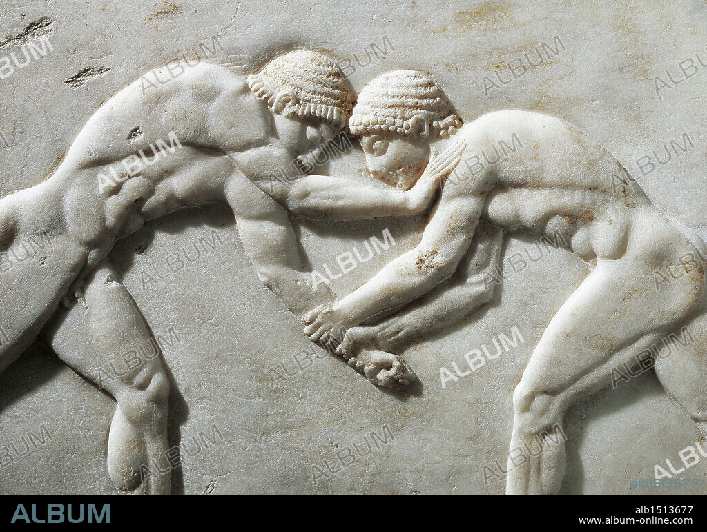 Greek civilization, 6th century b.C. Plinth of kouros statue depicting wrestlers, 510 b.C. Detail. Relief from the Kerameikos necropolis in Athens, Greece.