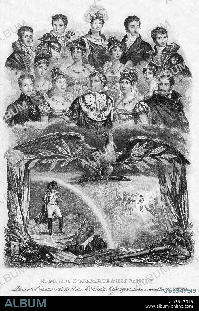 Napoleon Bonaparte and his family, 1840. Napoleon (1721-1818) enjoyed a meteoric rise through the ranks of the French Revolutionary army. In 1799 he led a coup to overthrow the government, the Directory, and became first consul and effective dictator of France. In 1804, he declared himself Emperor and embarked on a series of military campaigns across Europe: the Napoleonic Wars. Victories such as Austerlitz and Jena led to France establishing its power across much of the continent. In 1812, however, Napoleon embarked on a disastrous invasion of Russia and defeat at Leipzig in 1813 led to his abdication and exile to Elba. He ecaped in 1815, raised another army, but was finally defeated by Wellington at Waterloo, and was exiled again to St Helena, where he died.
